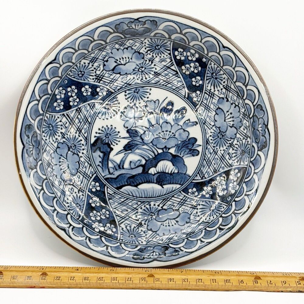 Vintage Japanese Blue White Porcelain Shallow Bowl 8” Floral Arita Style